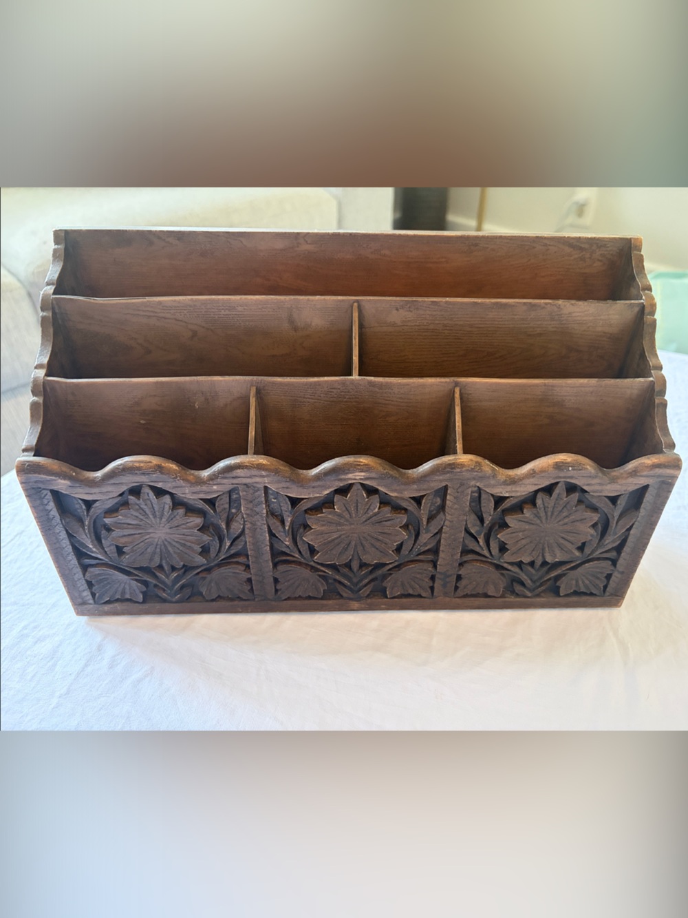 Vintage Carved Brown Wood Desk Organizer